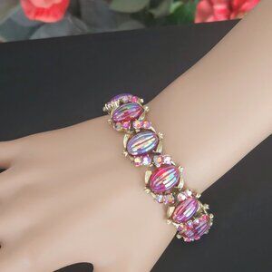 Vintage Coro Red AB Iridescent Ribbed Melon Glass Rhinestone Bracelet